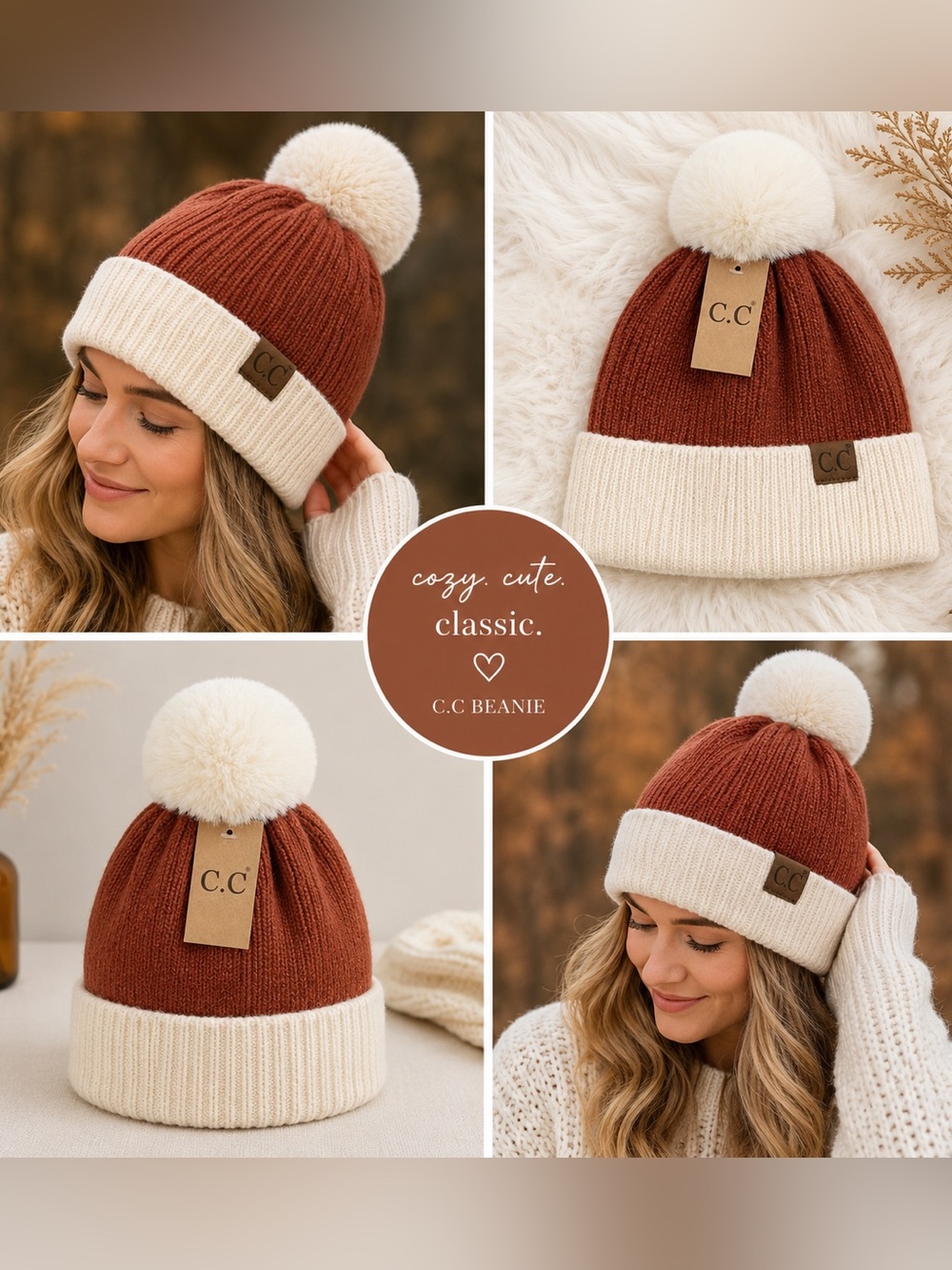 C.C Red and Cream Pom-Pom Hat
